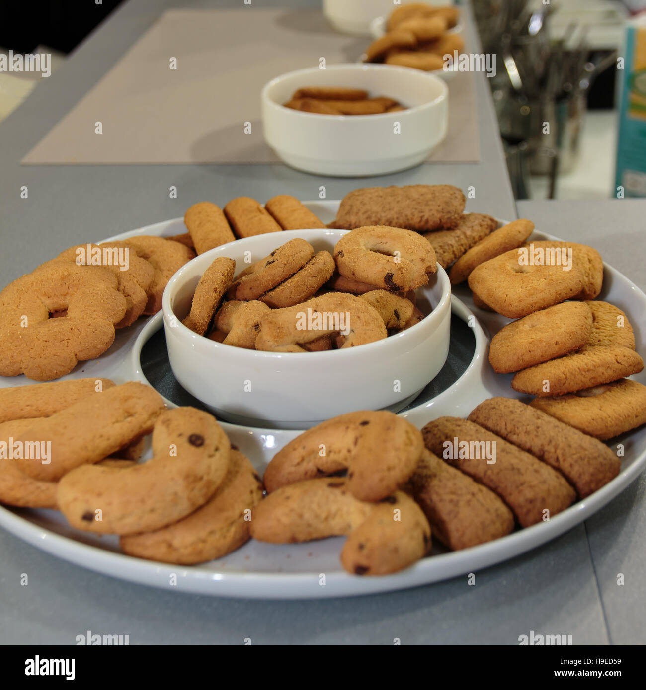 Shortbreads Assortment and Little Butter Biscuits in White Round Dish Stock Photo