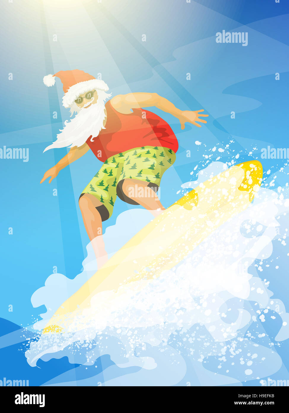 Humorous surfing greeting card SURF CHRISTMAS CARD Santa ducking under wave 
