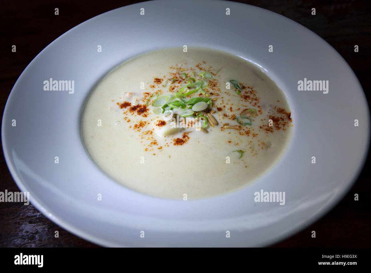 Chowder served at the Domainde de Grand Pre vineyard's restaurant in Wolfville, Nova Scotia, Canada. The wineyard is in the Annapolis Valley. Stock Photo