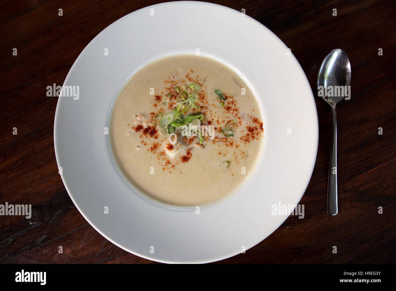 Chowder served at the Domainde de Grand Pre vineyard's restaurant in Wolfville, Nova Scotia, Canada. The wineyard is in the Annapolis Valley. Stock Photo