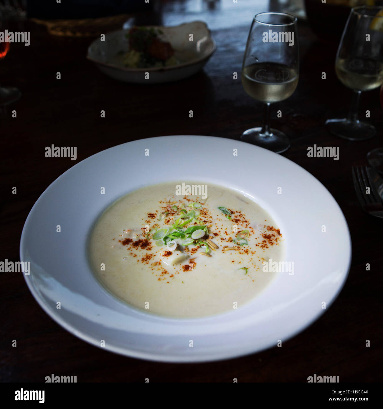 Chowder served at the Domainde de Grand Pre vineyard's restaurant in Wolfville, Nova Scotia, Canada. The wineyard is in the Annapolis Valley. Stock Photo