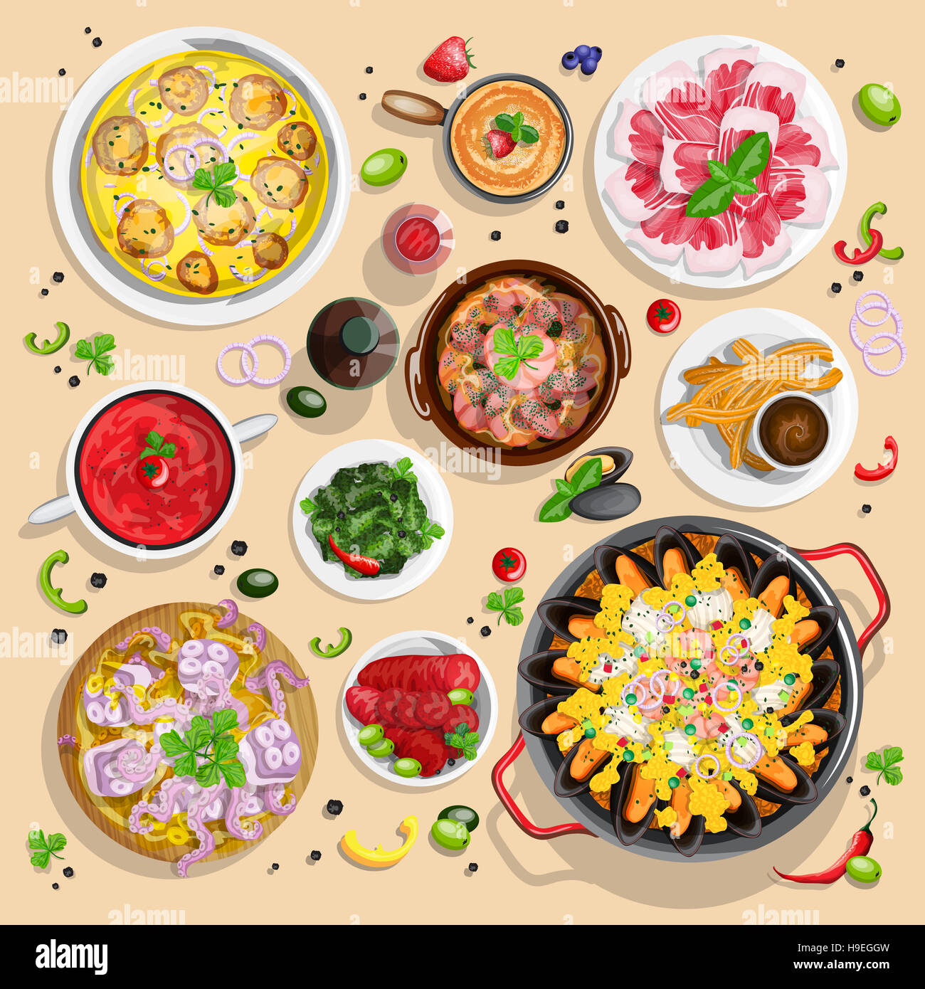 Top view Spanish food collection with seafood paella, iberian ham on a
