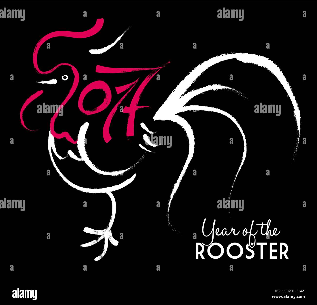 Happy Chinese New Year 2017 greeting card design with hand drawn rooster art in  traditional style. EPS10 vector. Stock Vector