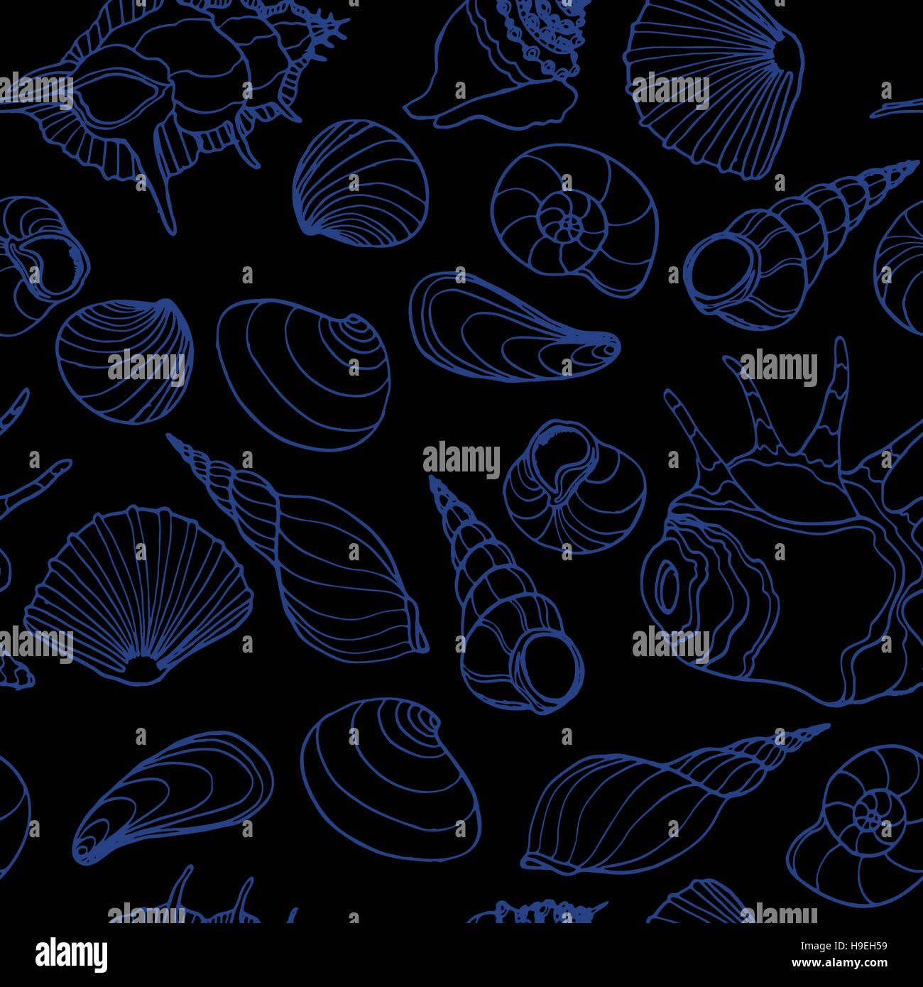 Sea seamless pattern with hand drawn vector seashells on black ...