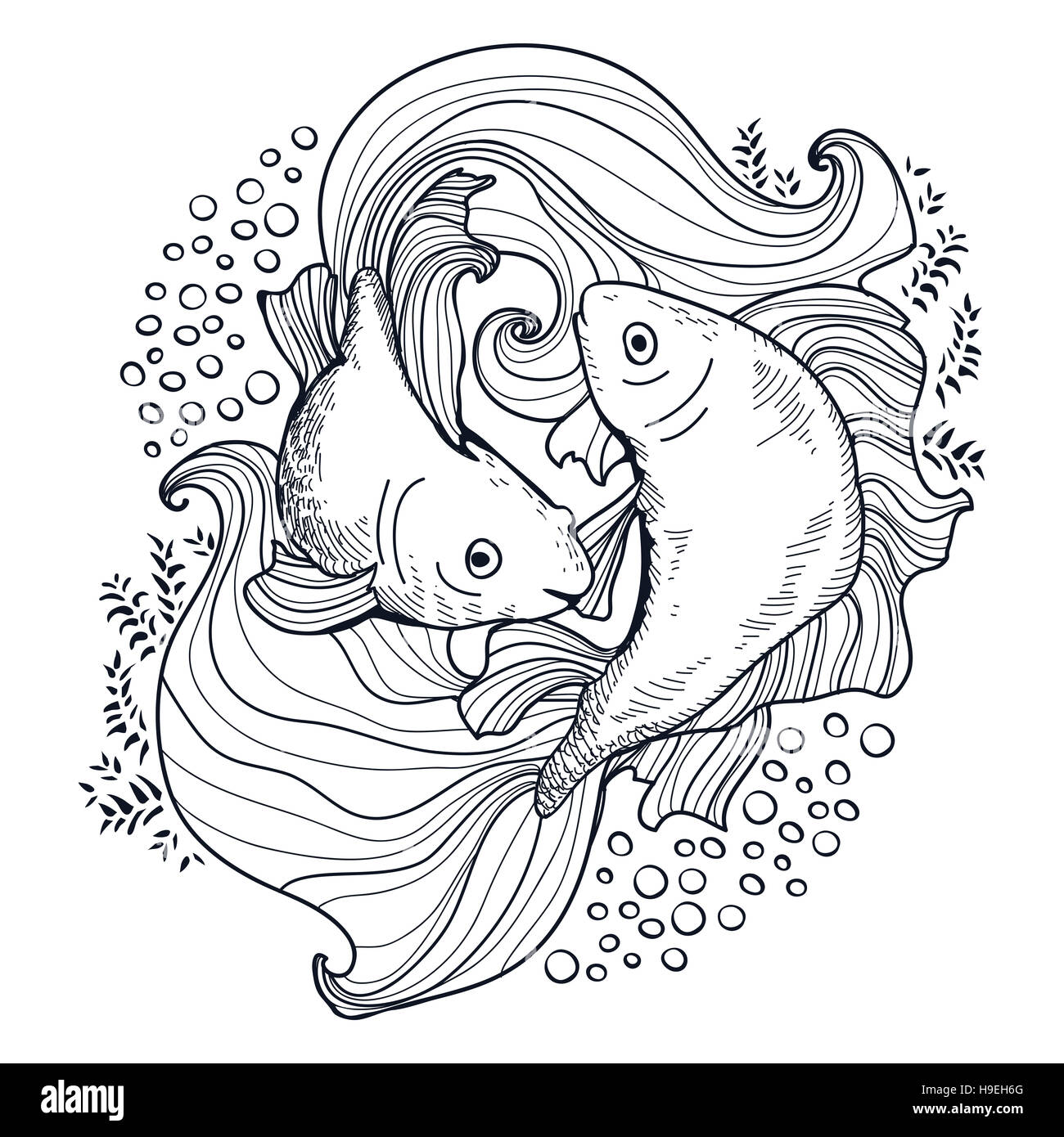 Two gold hand drawn fishes on coloring page Stock Photo