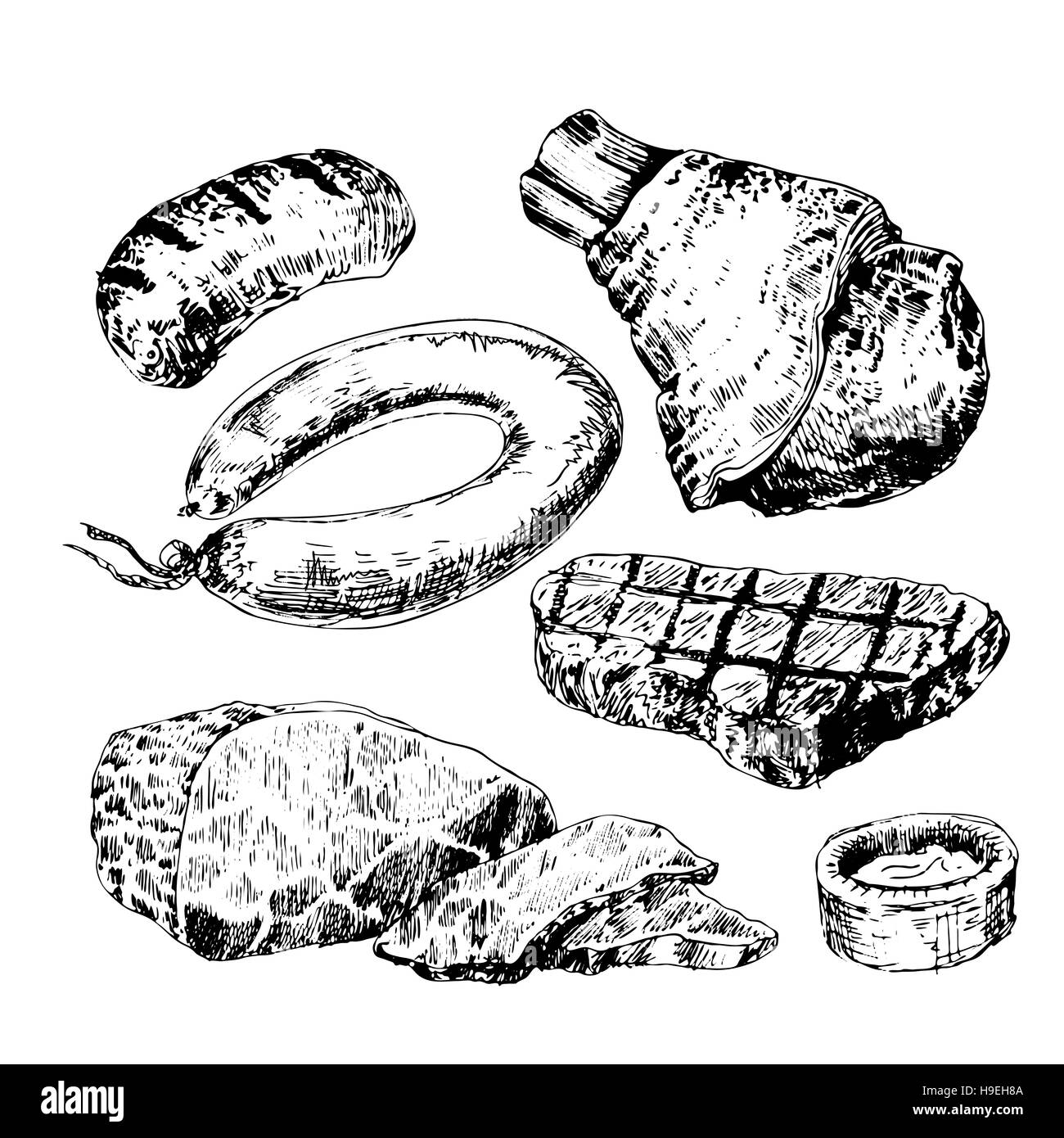 Various meats doodles: sausages, wurst, wiener, salami, steak sketch hand drawing Stock Photo