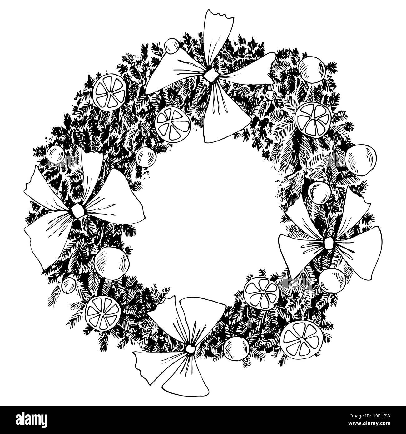 Hand drawn christmas wreath with cones and needles Stock Photo