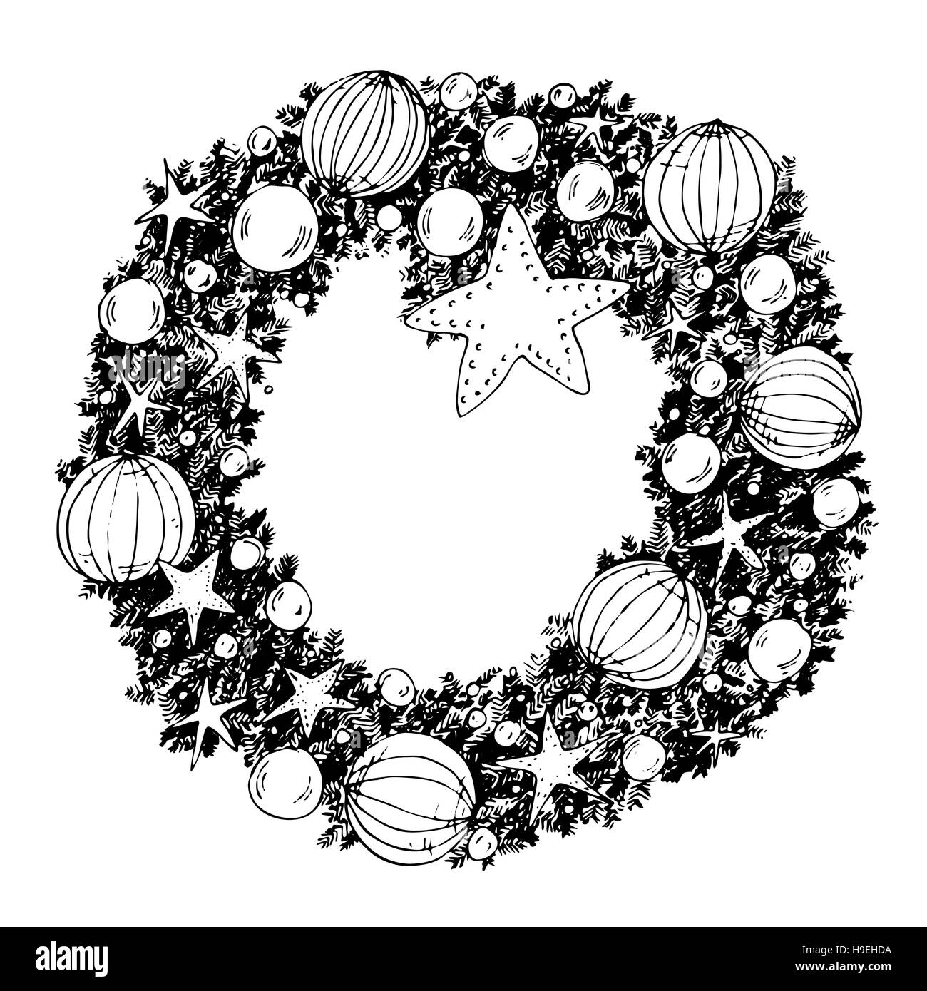 Hand drawn christmas wreath with cones and needles Stock Photo