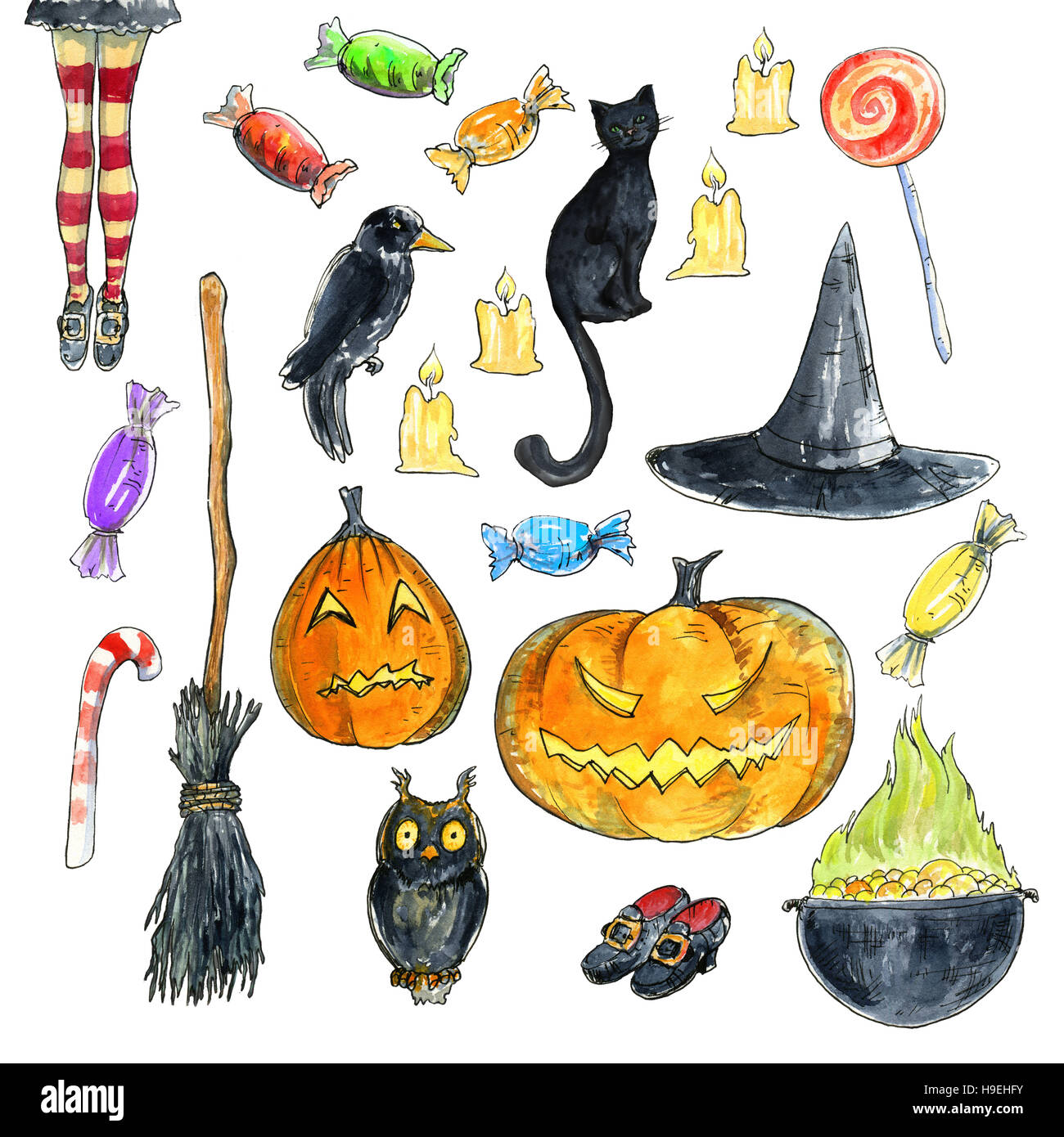 Watercolor collection. Set of hand drawn hand drawn halloween illustrations Stock Photo