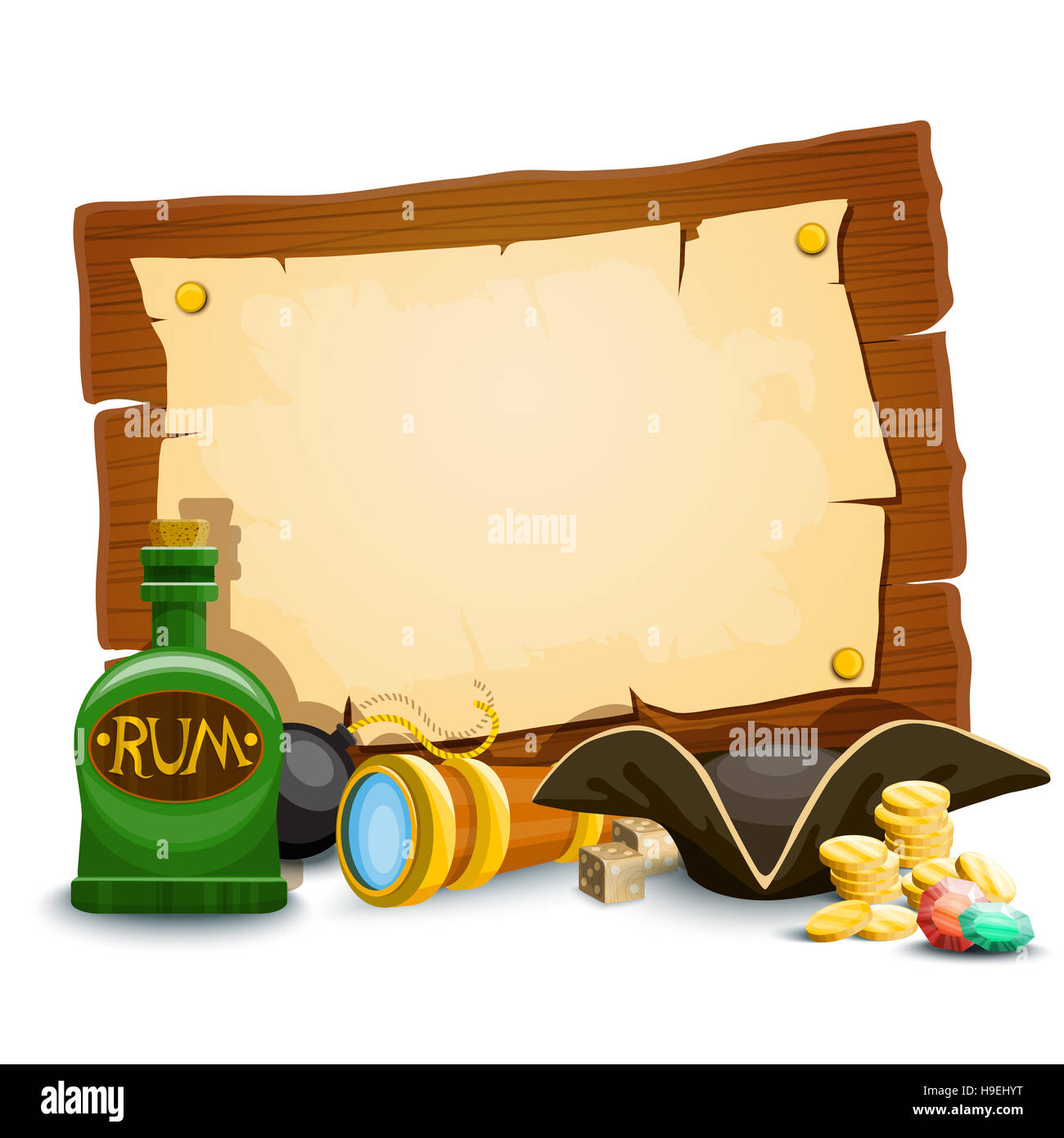 Pirate illustration. Set with wood poster and old paper, coins and other objects Stock Photo