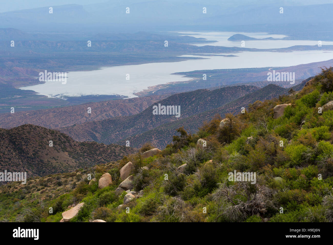 Roosevelt Lake stretching into the distance below the southern Mazatzal Mountains. Tonto National Forest, Arizona Stock Photo