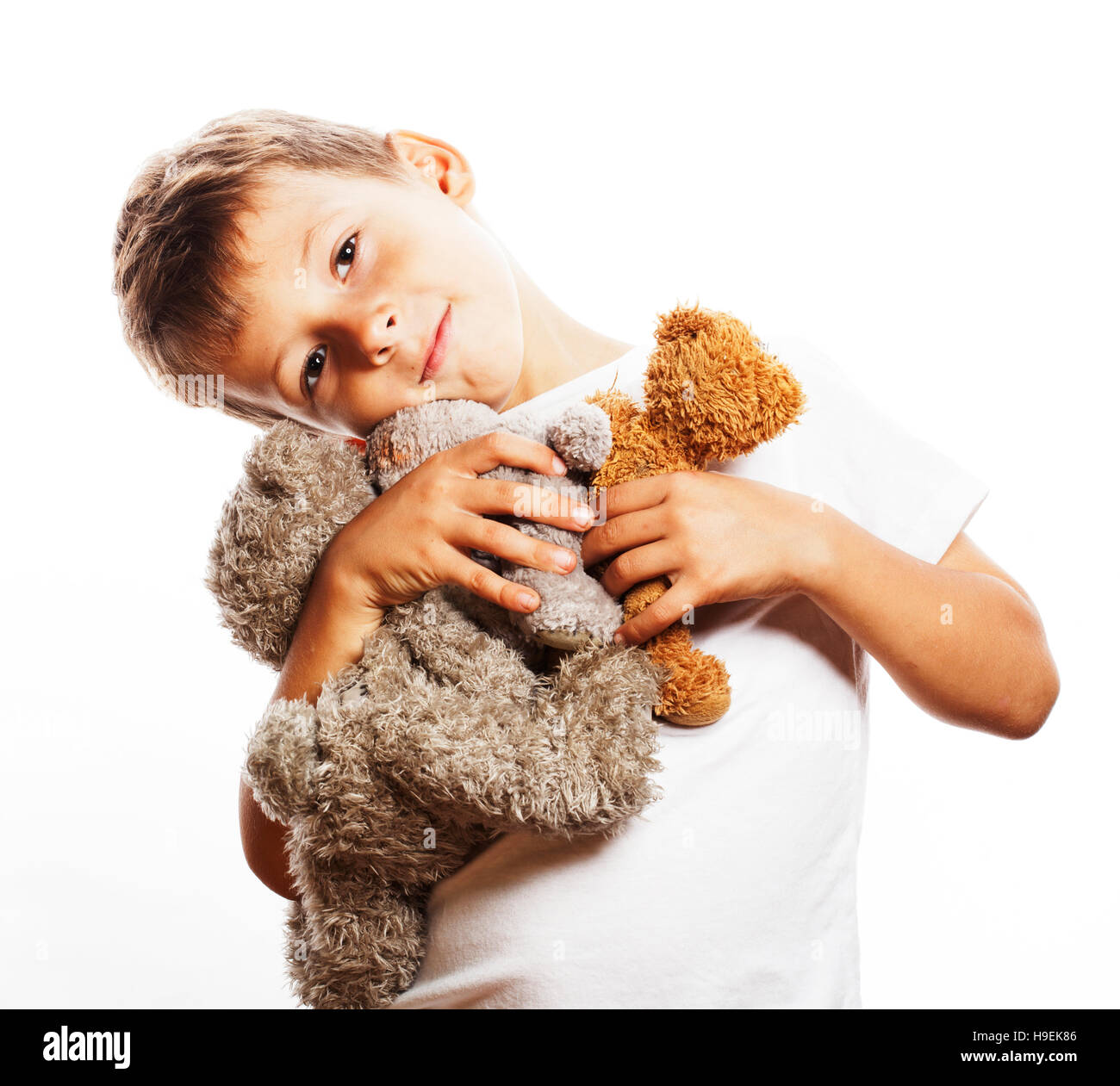 little cute boy with many teddy bears hugging isolated close up Stock ...