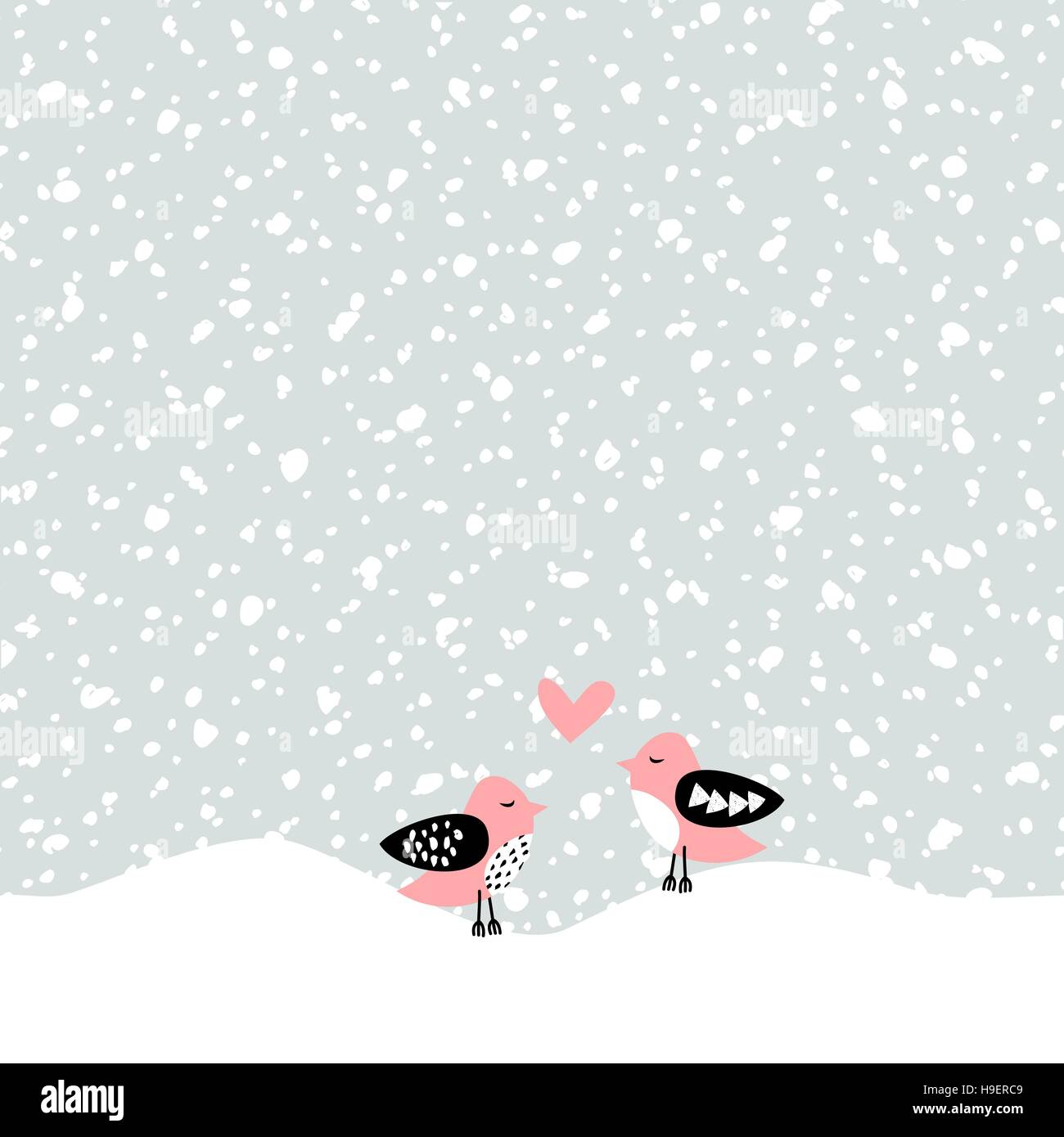 Seamless repeat pattern with falling snow in white and light gray. Two cute birds in love under the snowfall. Winter textile, wall art, wrapping paper Stock Vector