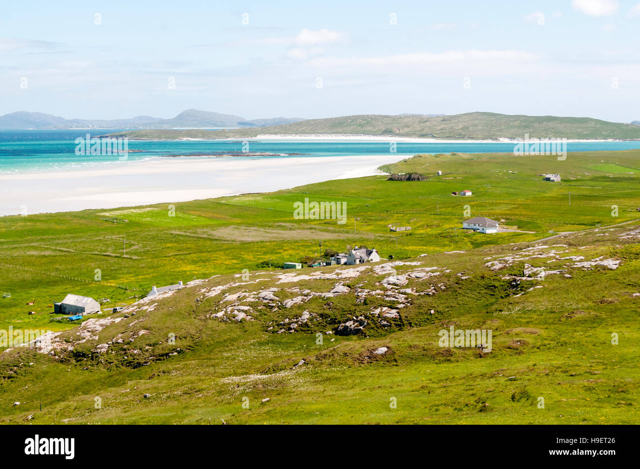The beach of Tràigh Sgùrabhal in the north of the Isle of Barra, in the Outer Hebrides. Stock Photo