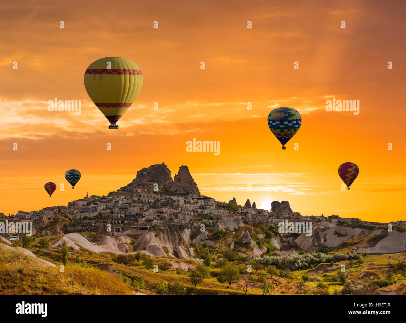 Colorful hot air balloons over valley Cappadocia Stock Photo - Alamy