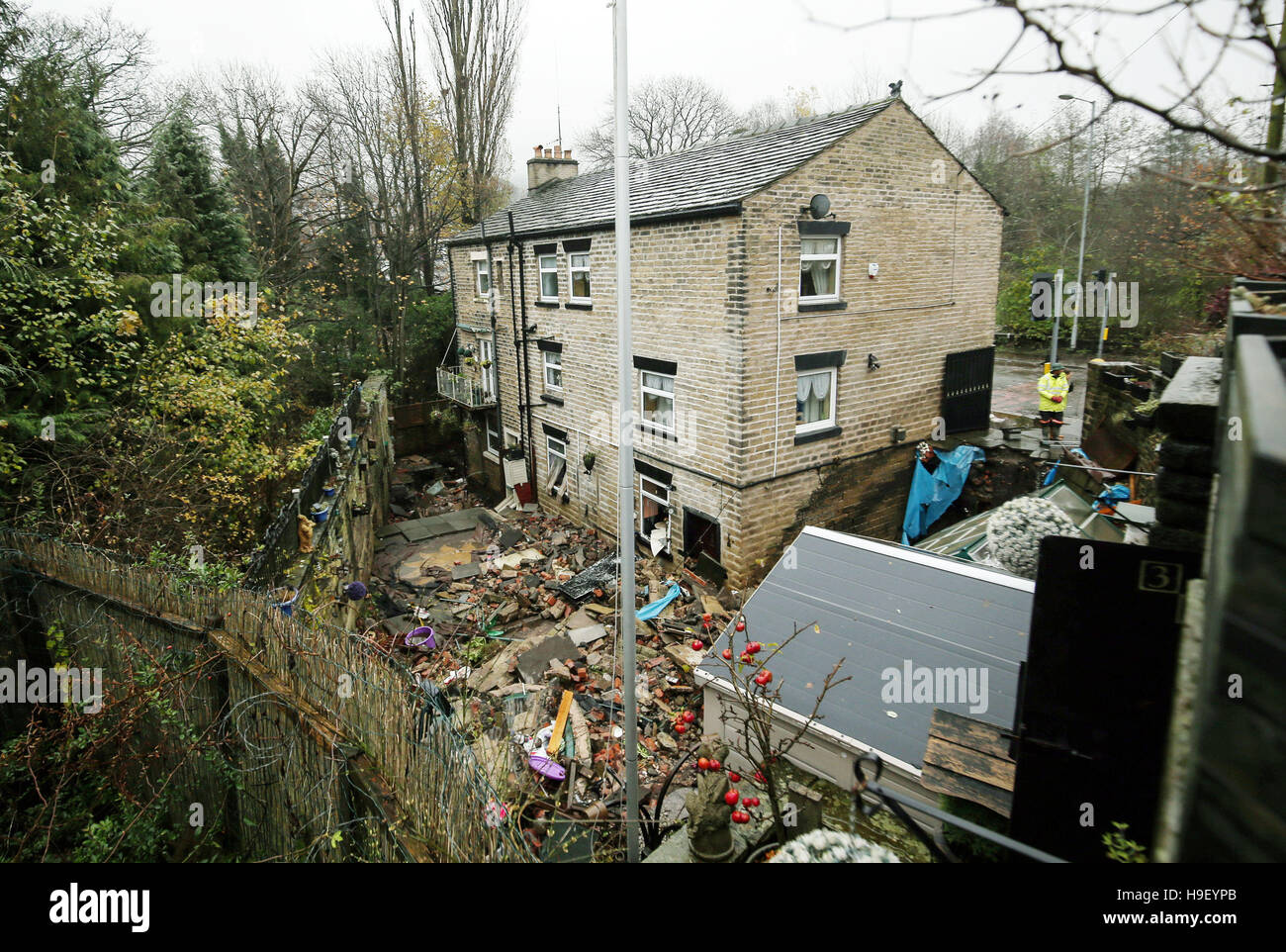 Flood damage at a property in Millbrook near Stalybridge in Greater Manchester after heavy rain overnight, as wind and rain continue to blight parts of Britain threatening further travel chaos after torrential downpours caused flash-flooding and disruption across most of the country. Stock Photo