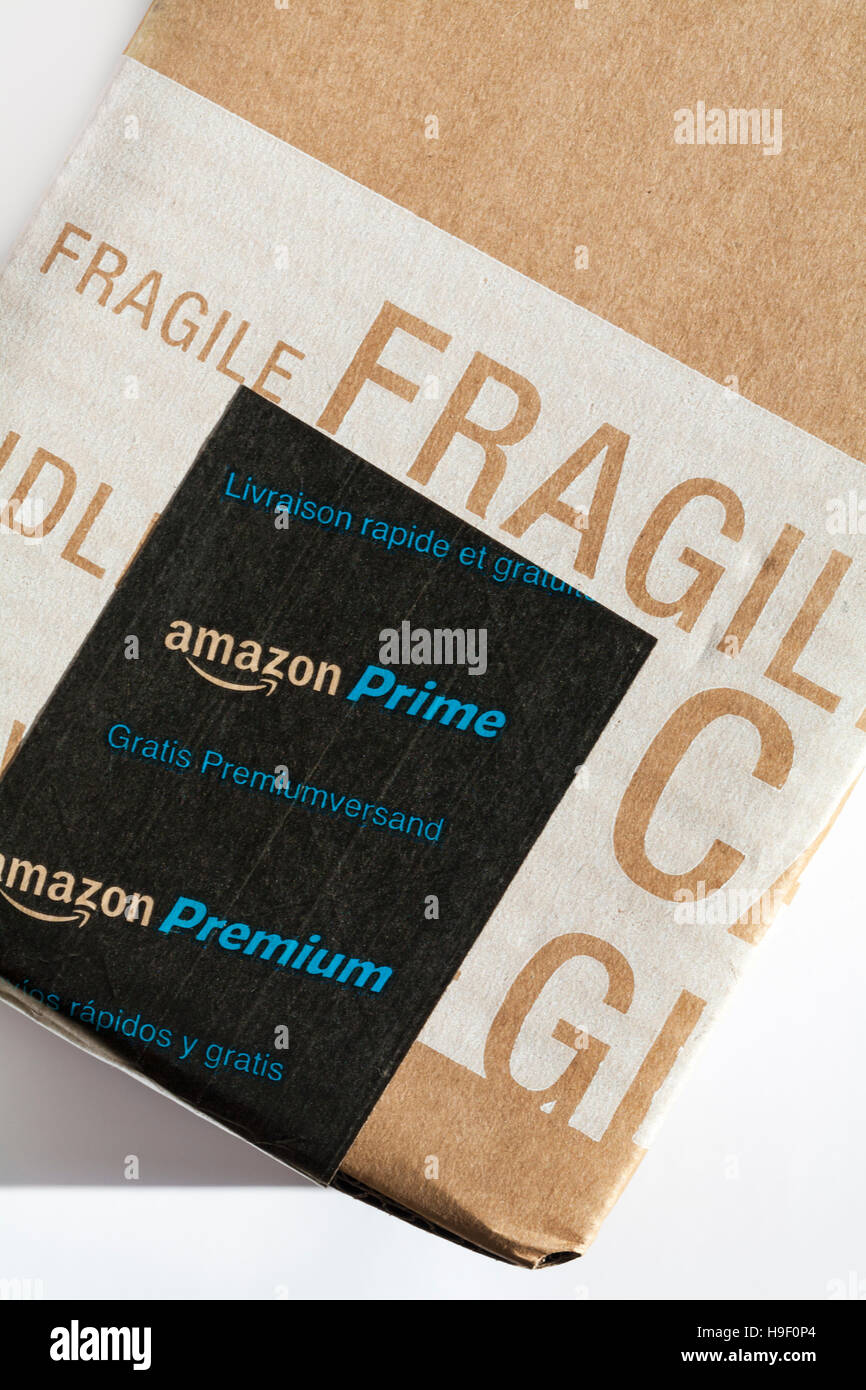 Amazon Prime Premium tape on fragile parcel from Amazon Stock Photo