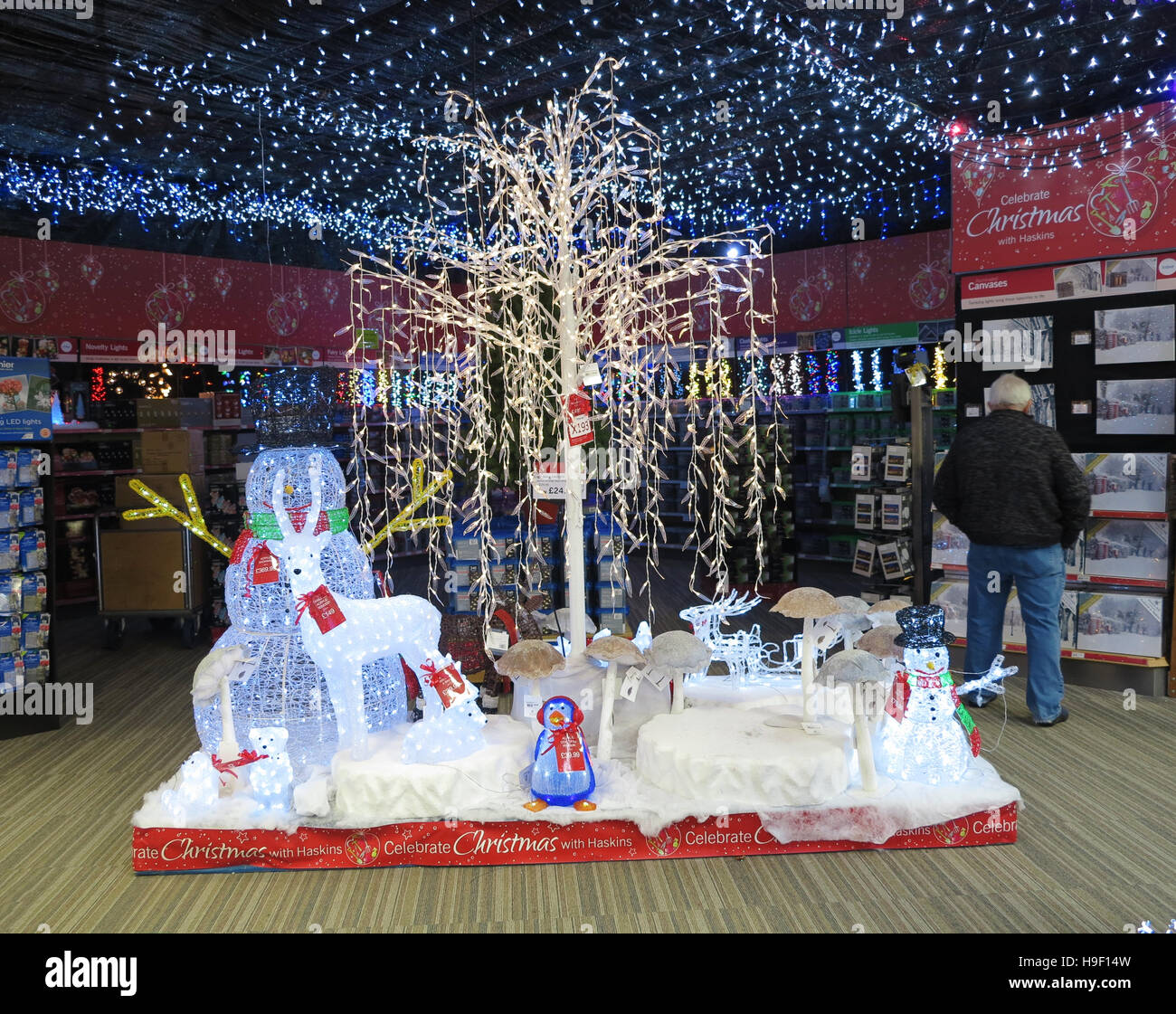 Large Display Of Christmas Ornaments In Uk Garden Centre Stock