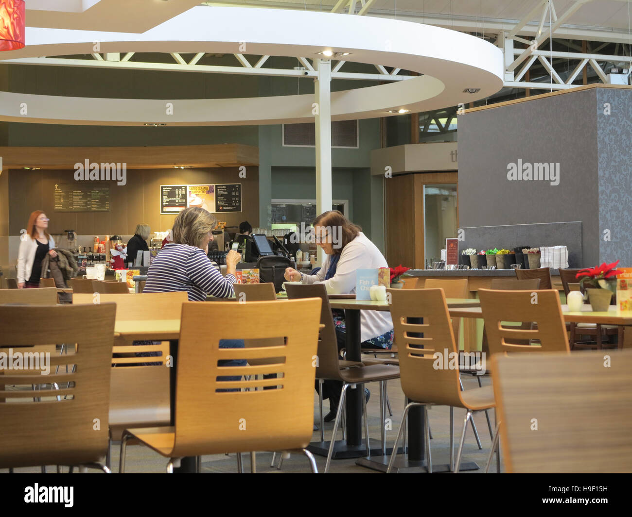 Two middle aged women seated at a table in a cafe Stock Photo