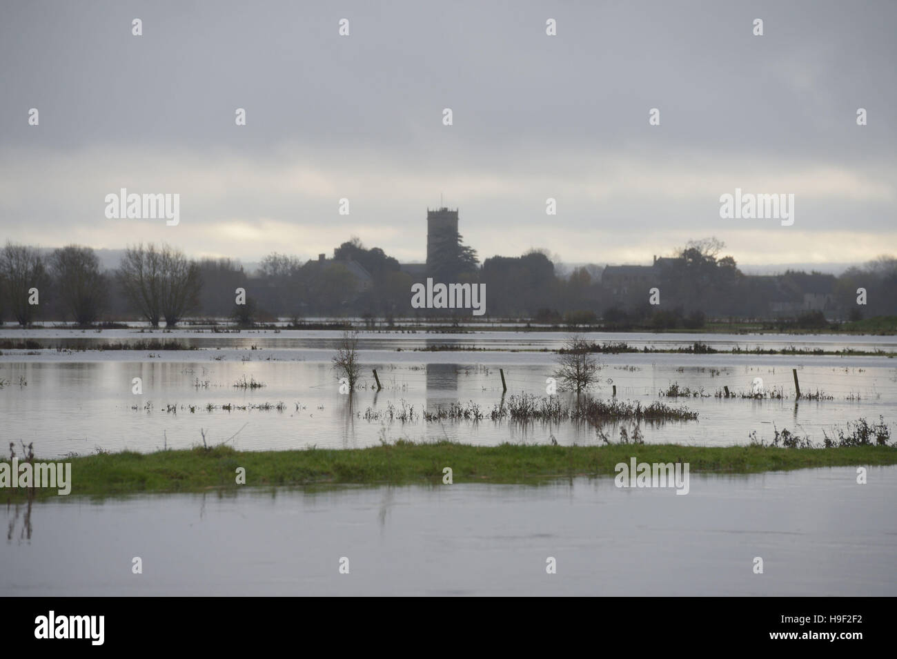 Flooding on the Somerset Levels in front of Muchelney Abbey as heavy rain, strong winds and flash flooding have brought widespread disruption across the country. Stock Photo