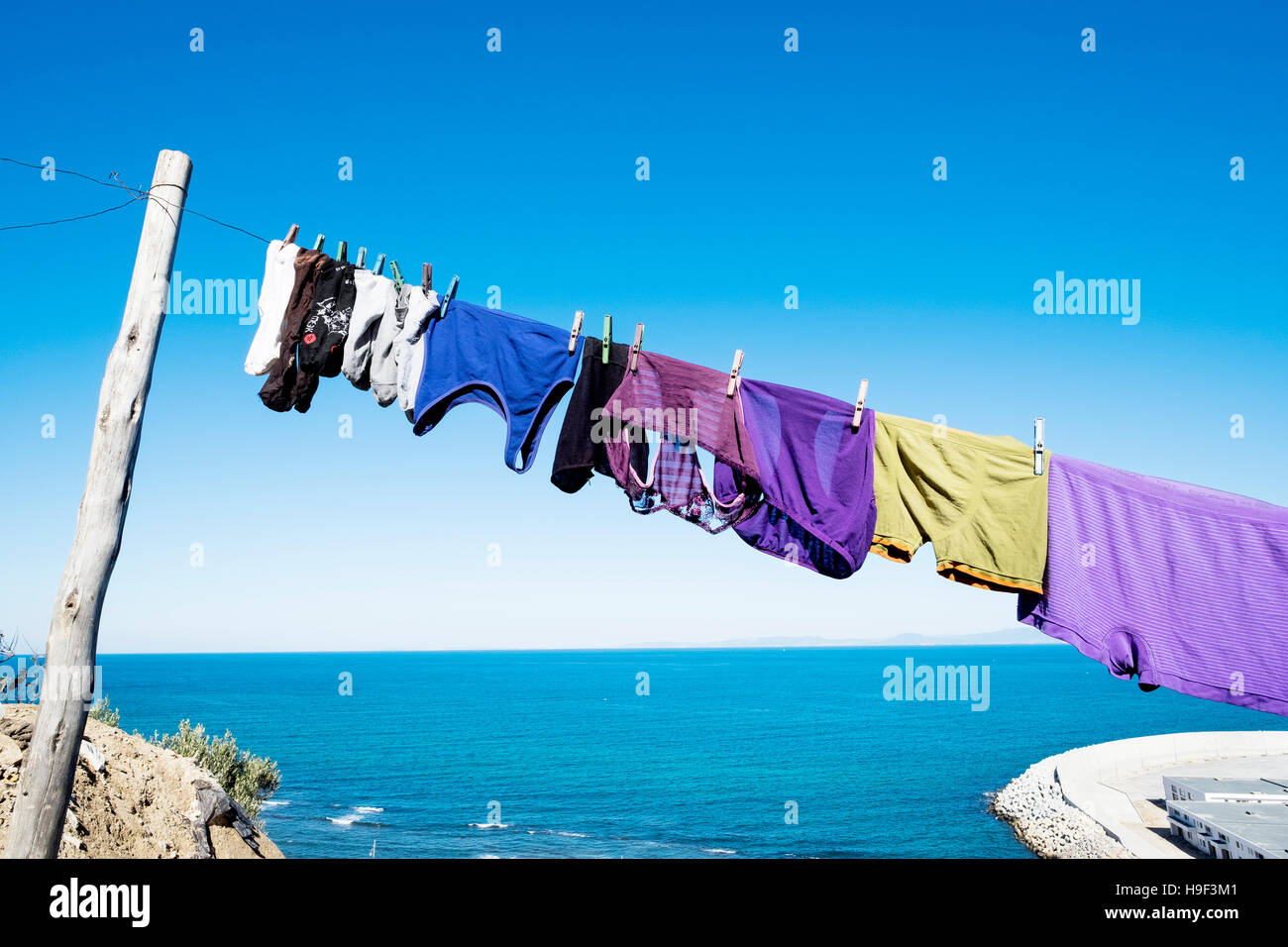 Morocco, Tangier, Strait of Gibraltar, clothes hanging Stock Photo