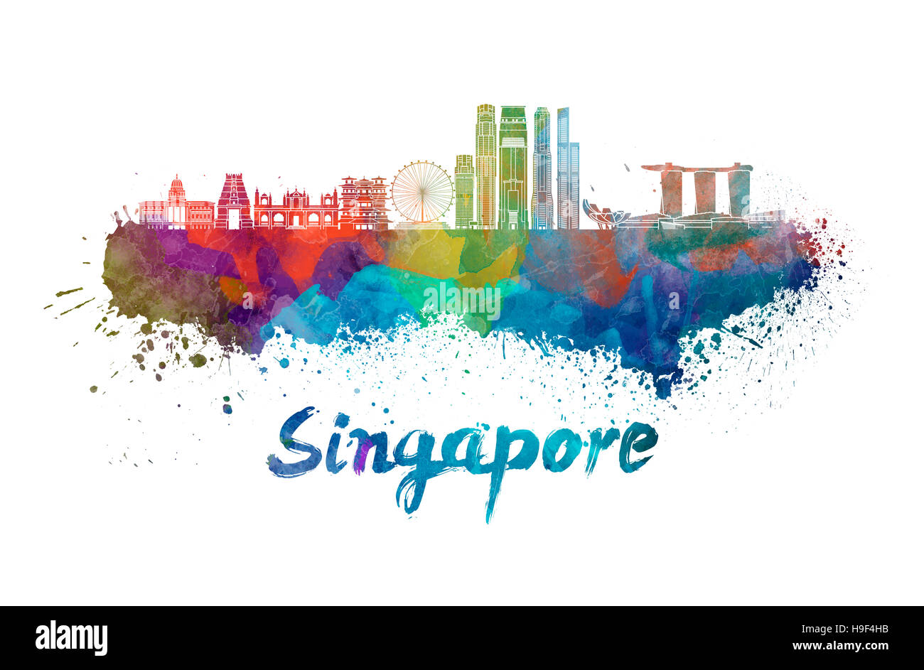 Singapore V2 skyline in watercolor splatters with clipping path Stock Photo