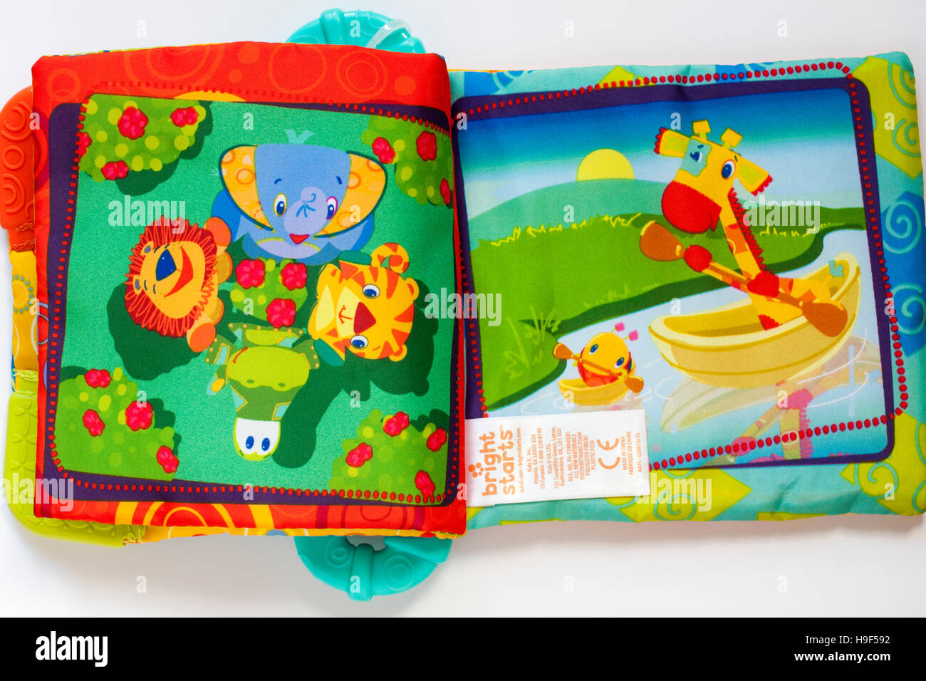 Label in Bright Starts in Teethe and Read fabric book for baby made in China - sold in the UK United Kingdom, Great Britain Stock Photo