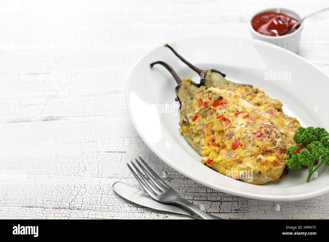 tortang talong with giniling, eggplant omelet with ground pork