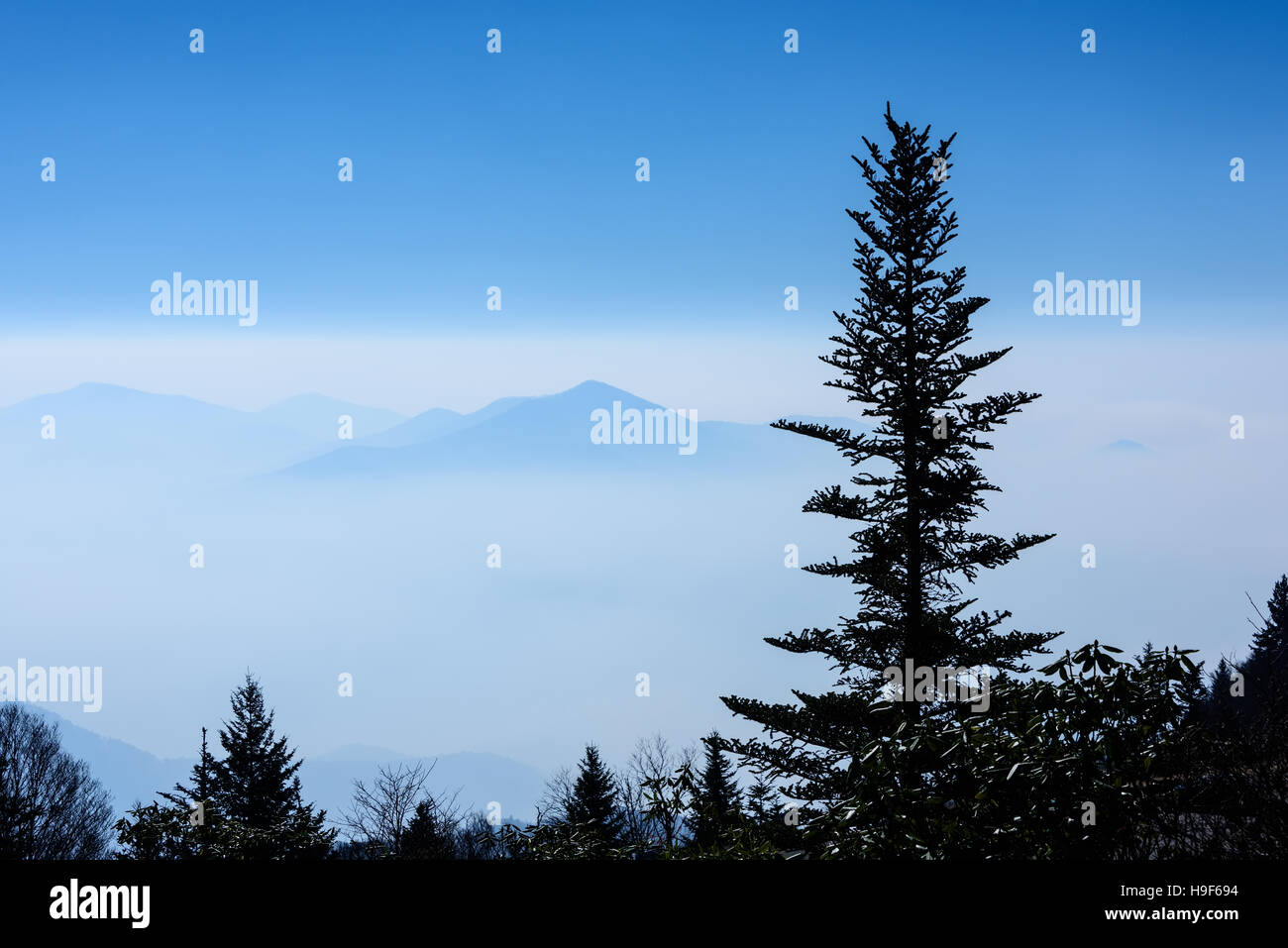 View from high above of the Smoky Mountains in a low cloud bank. Stock Photo