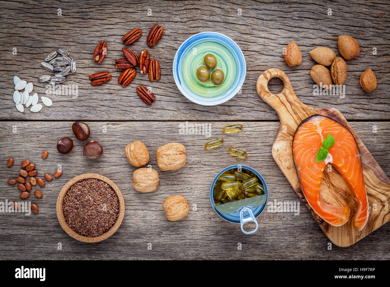 Selection food sources of omega 3 and unsaturated fats. Super fo Stock Photo