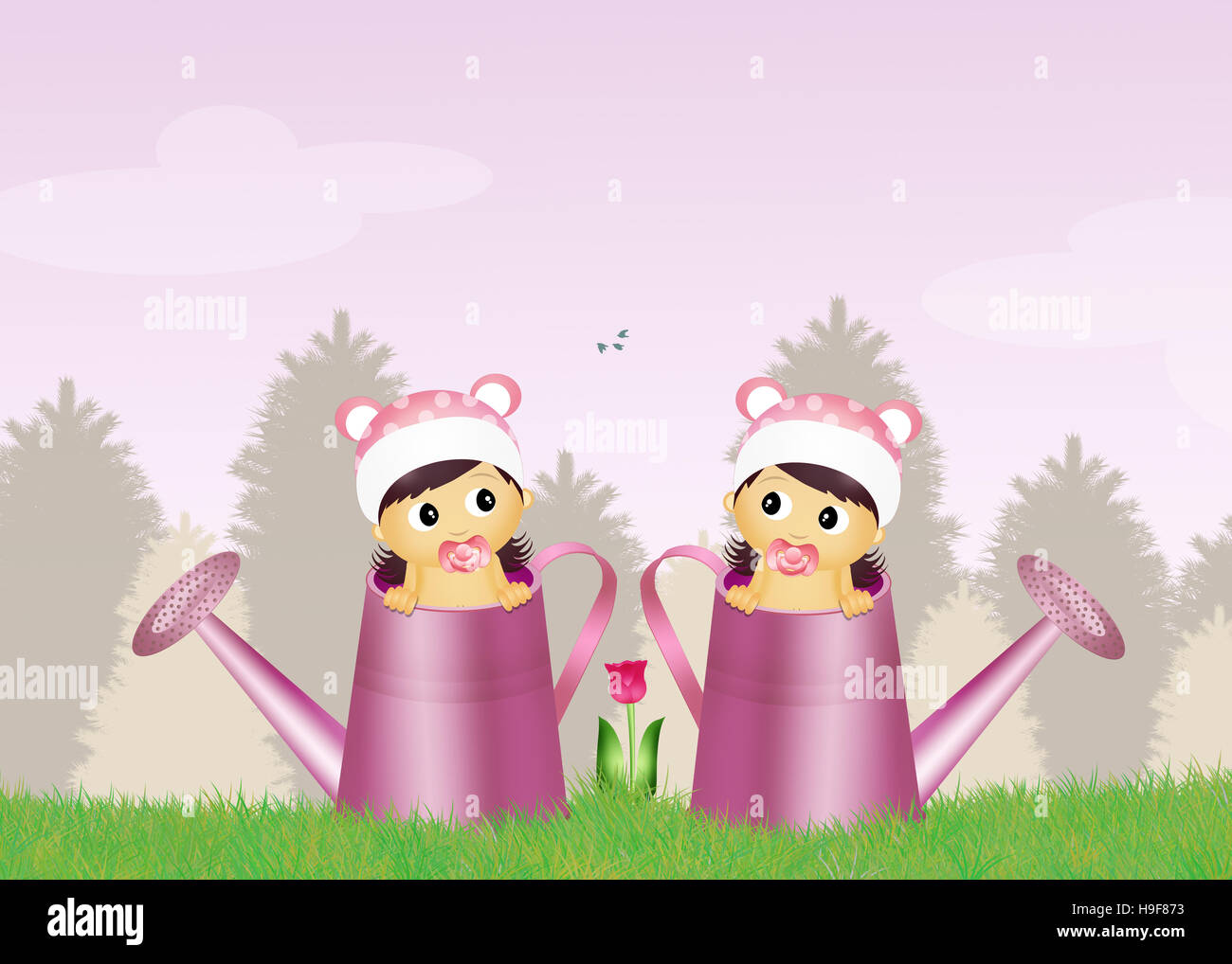 female twins in watering can Stock Photo