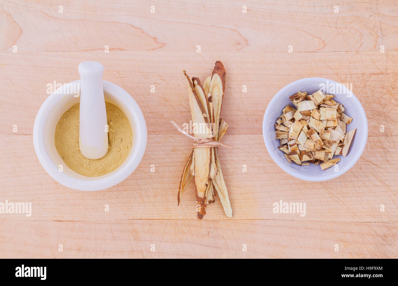 Licorice herbal medicine including powder, chopped and sliced ro Stock
