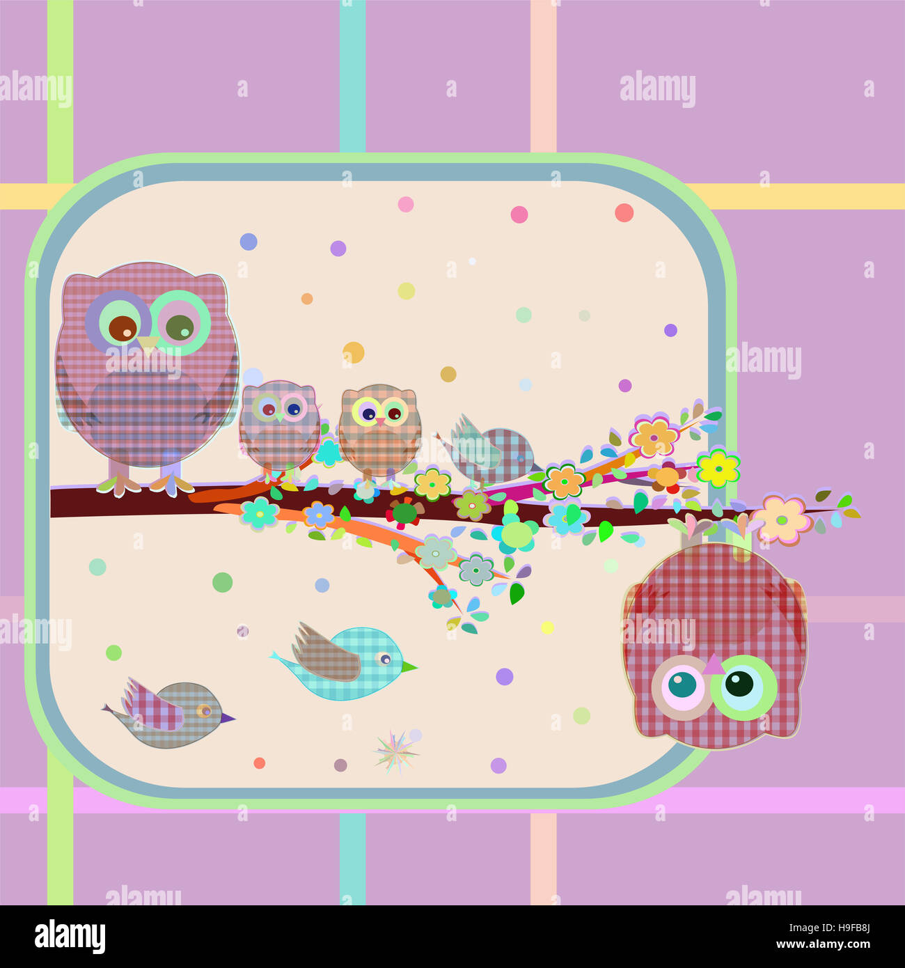 floral Background with couple of owls and birds sitting on branch tree ...