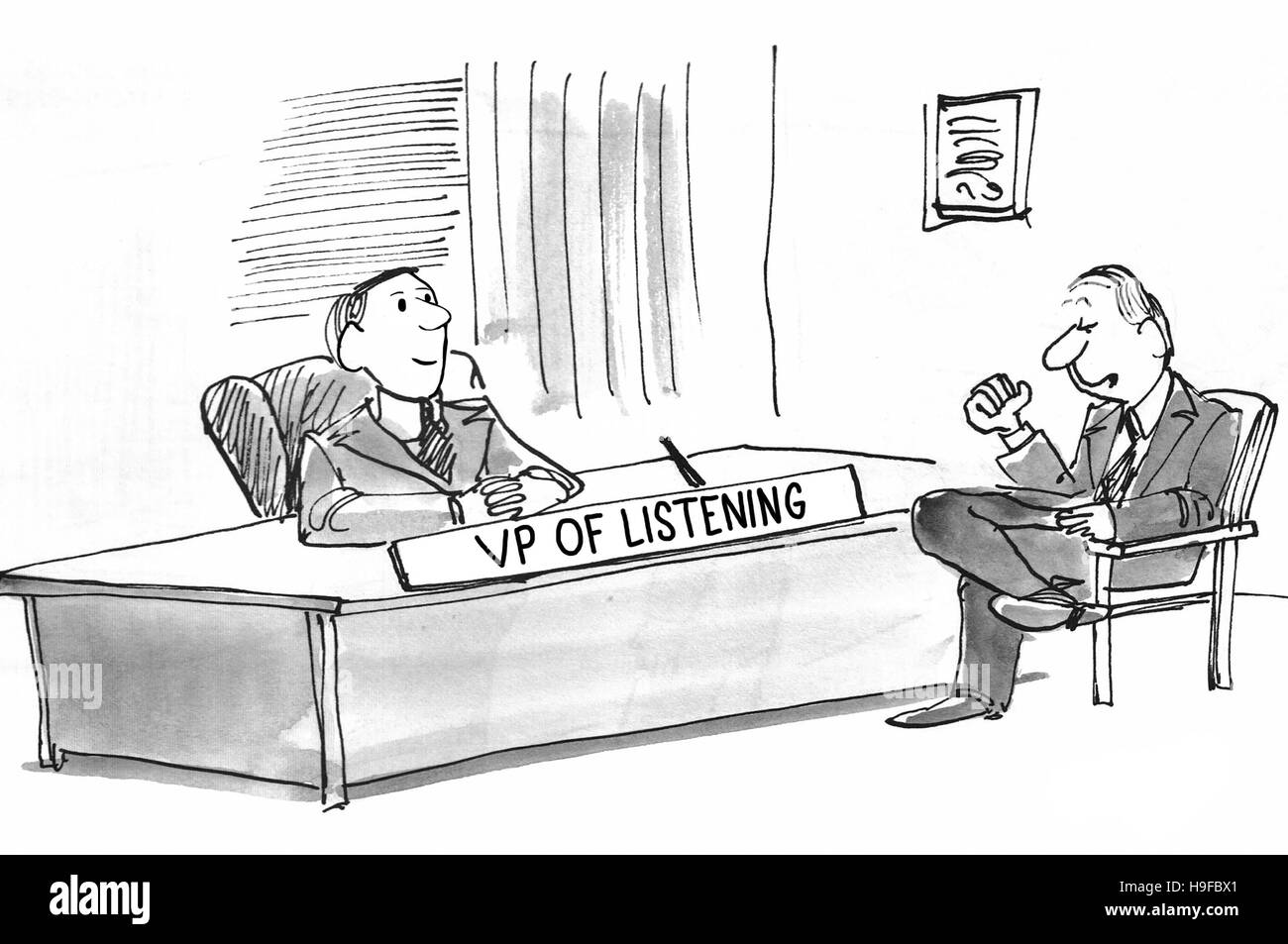 Black and white business illustration of an employee confiding in the VP of LIstening. Stock Photo
