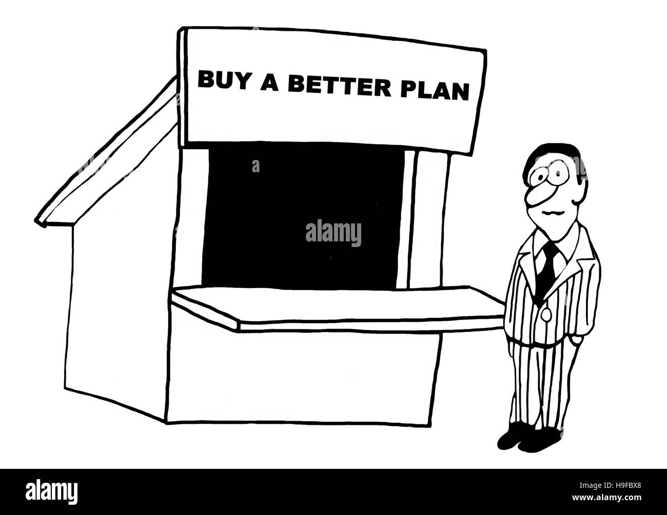 Black and white illustration of a man pondering whether to buy a better plan. Stock Photo