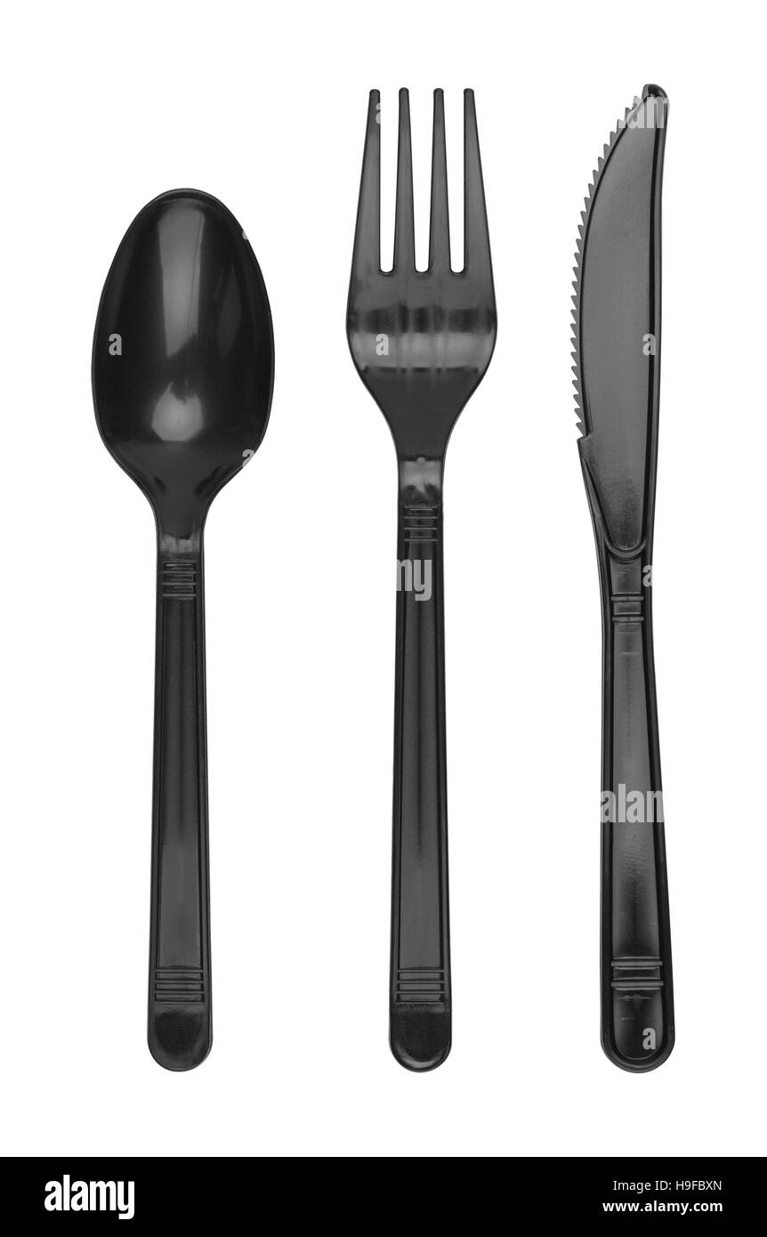 Plastic Fork, Spoon and Knife Isolated on White. Stock Photo