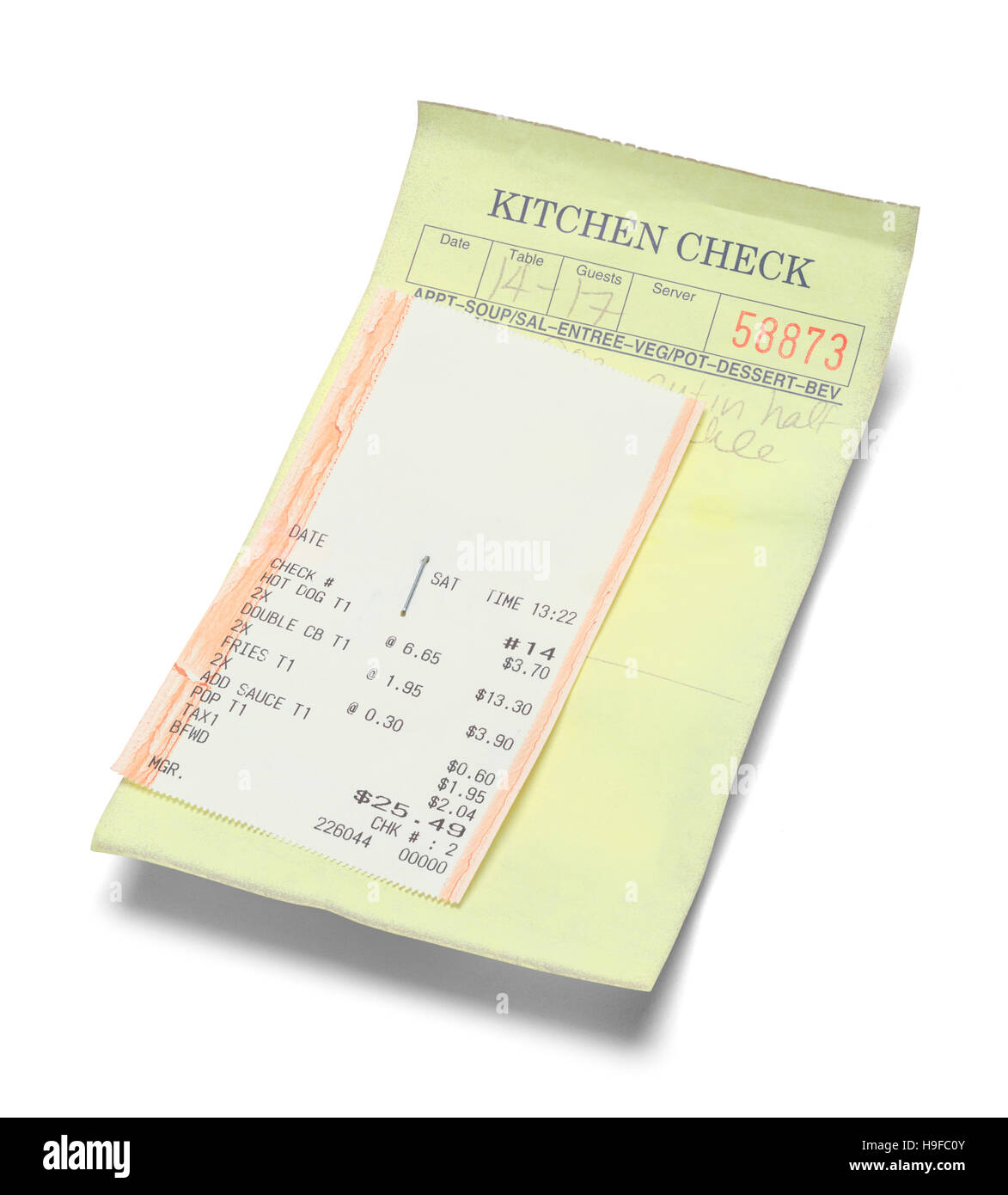 Yellow Food Order Check with Receipt Isolated on White Background. Stock Photo