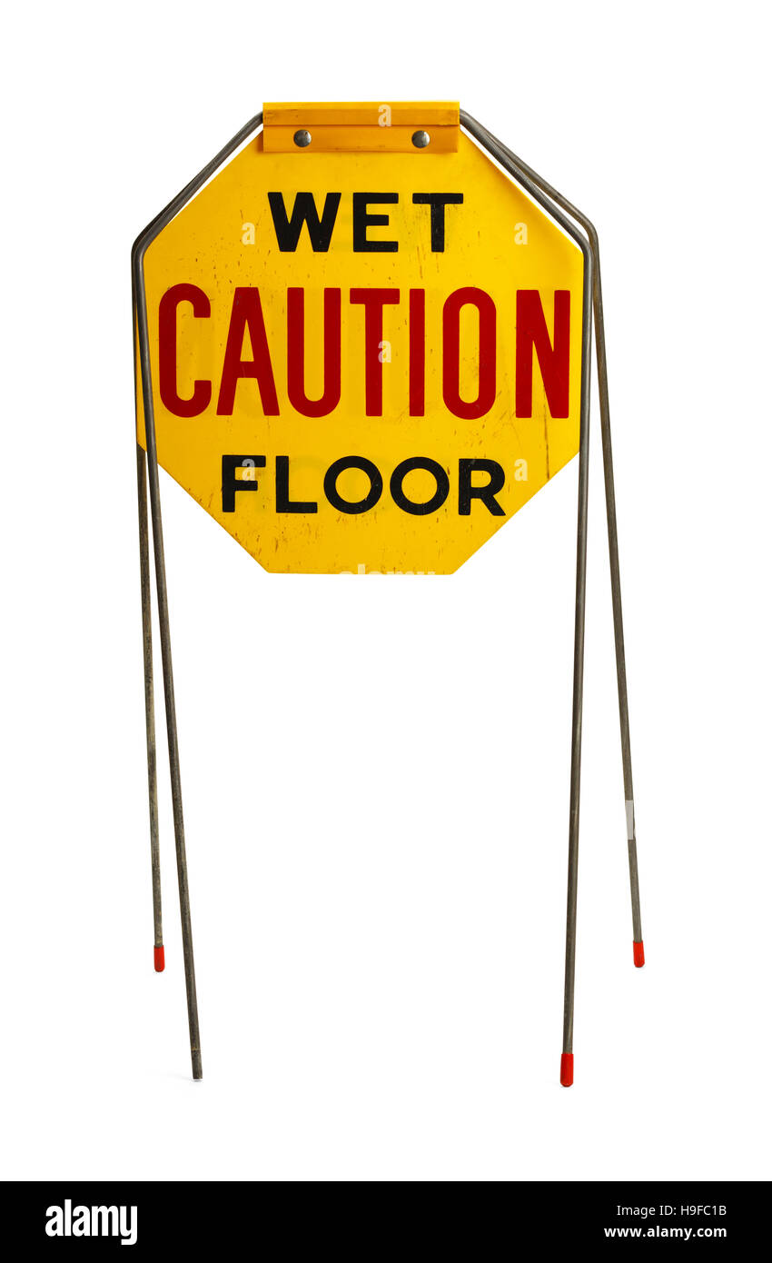 Vintage Caution Wet Floor Sign Isolated on White Background. Stock Photo