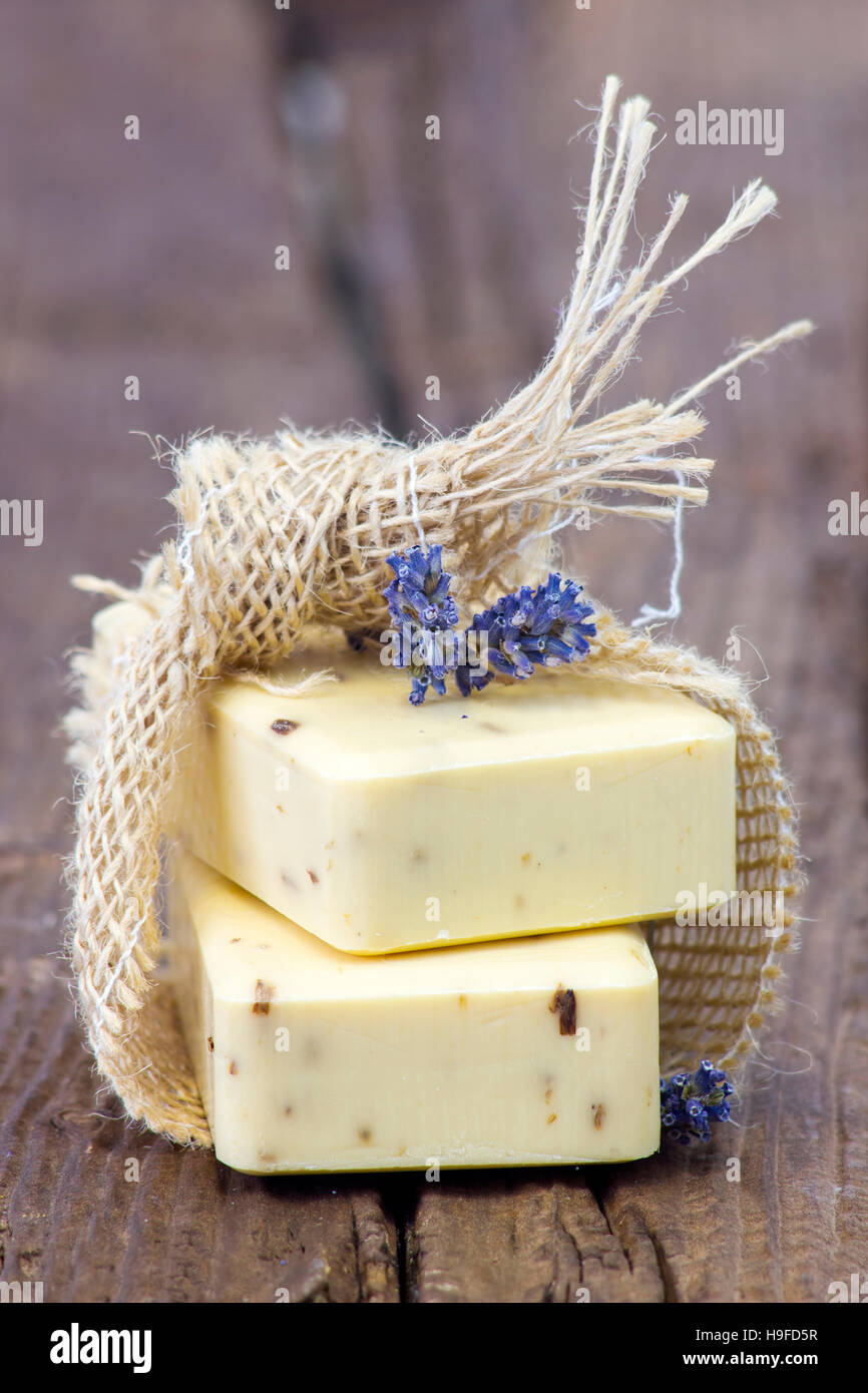 bar of natural soap with dried lavender Stock Photo