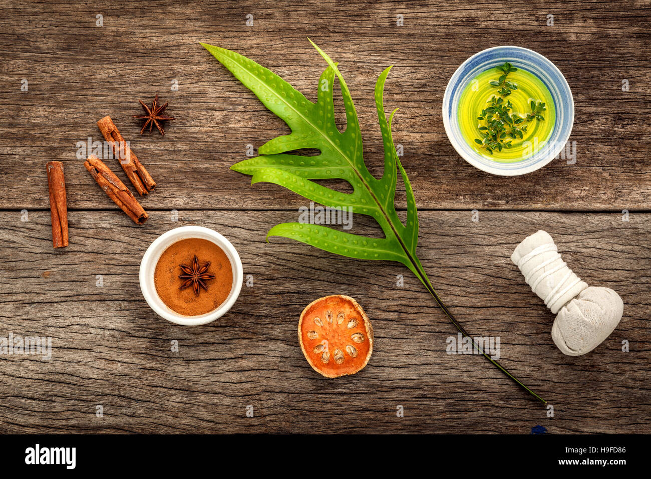 Branch of fern leaves with nature spa ingredients dried indian b Stock Photo
