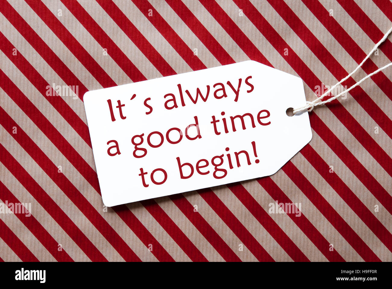 Label On Red Wrapping Paper, Quote Always Time Begin Stock Photo Alamy