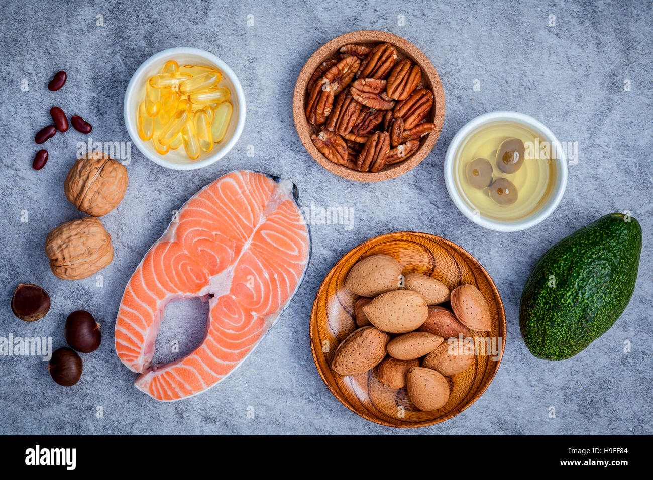 Selection food sources of omega 3 and unsaturated fats. Super fo Stock Photo