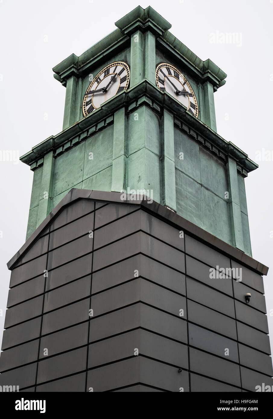 Restored clock tower from the old Crompton Parkinson building, Guiseley, Leeds, West Yorkshire Stock Photo