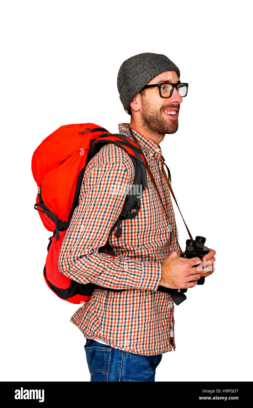 Hiker man tourist. Hiking. Isolated over white background. Stock Photo