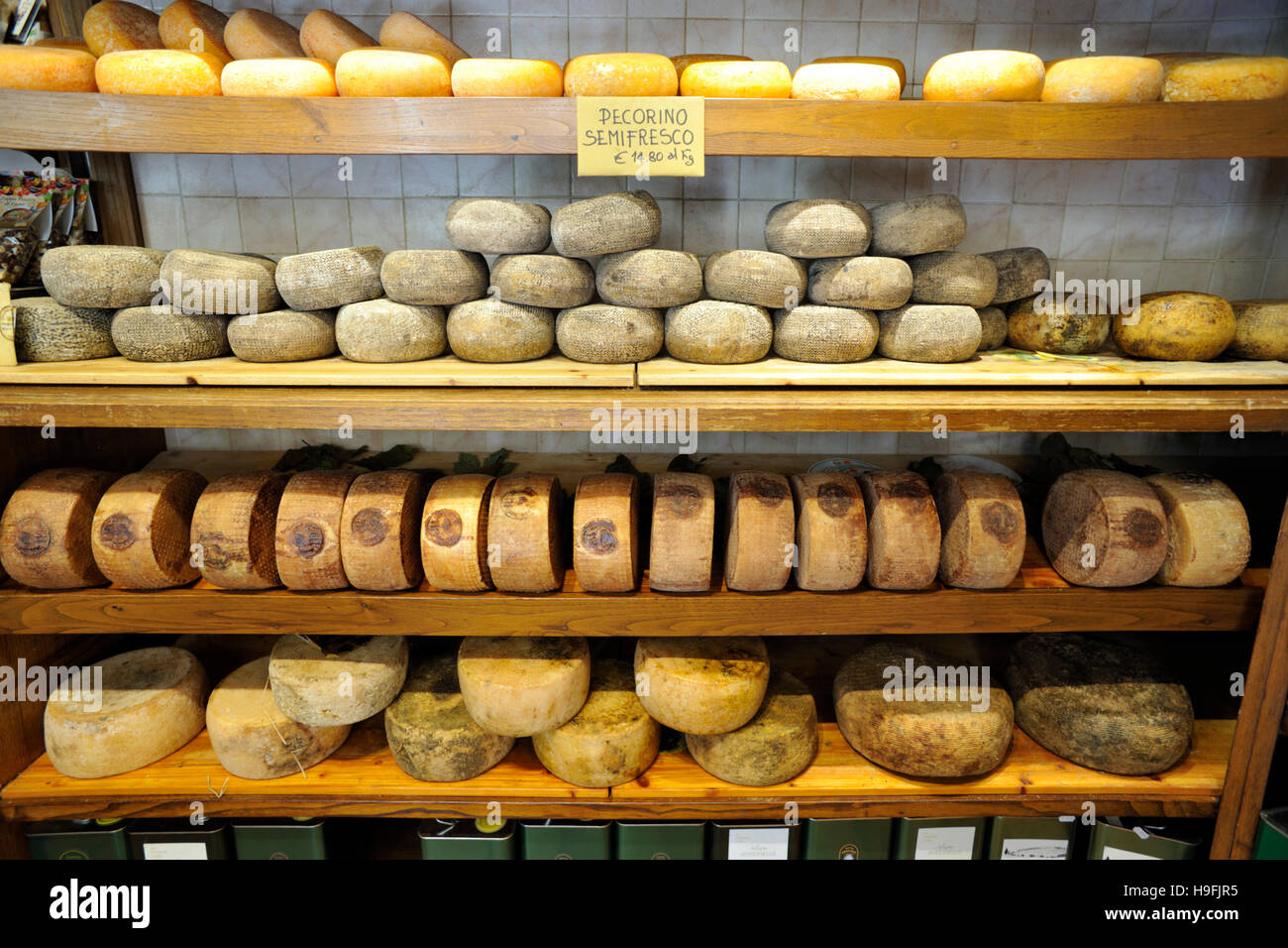 italy, tuscany, pienza, cheese shop, pecorino Stock Photo