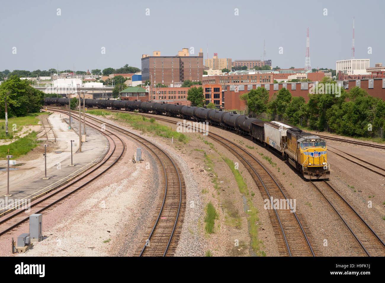 Union Pacific tanker train passing Omaha, Nebraska, USA. Stock Photo