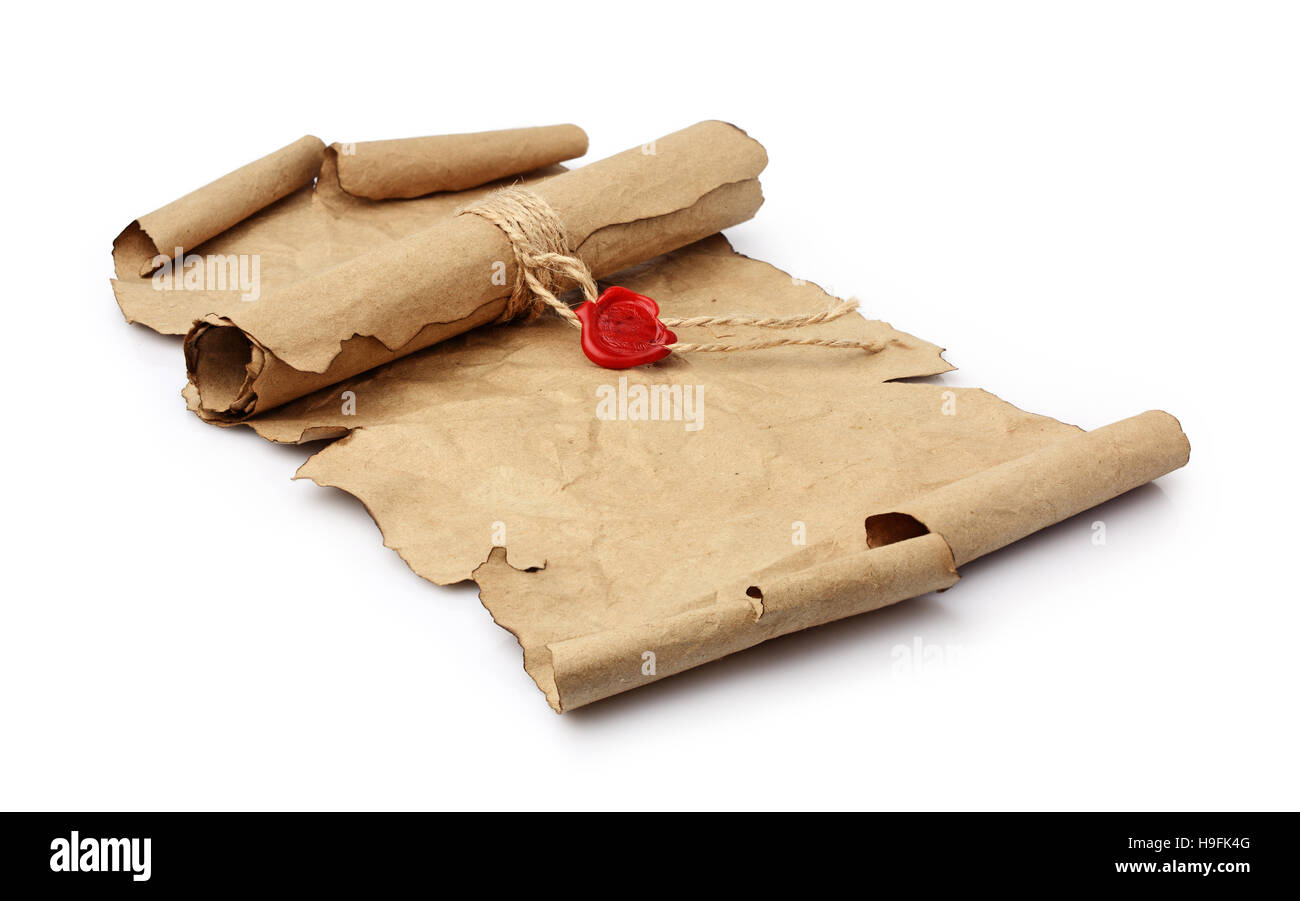 Old ragged parchment roll with red wax seal, Stock image