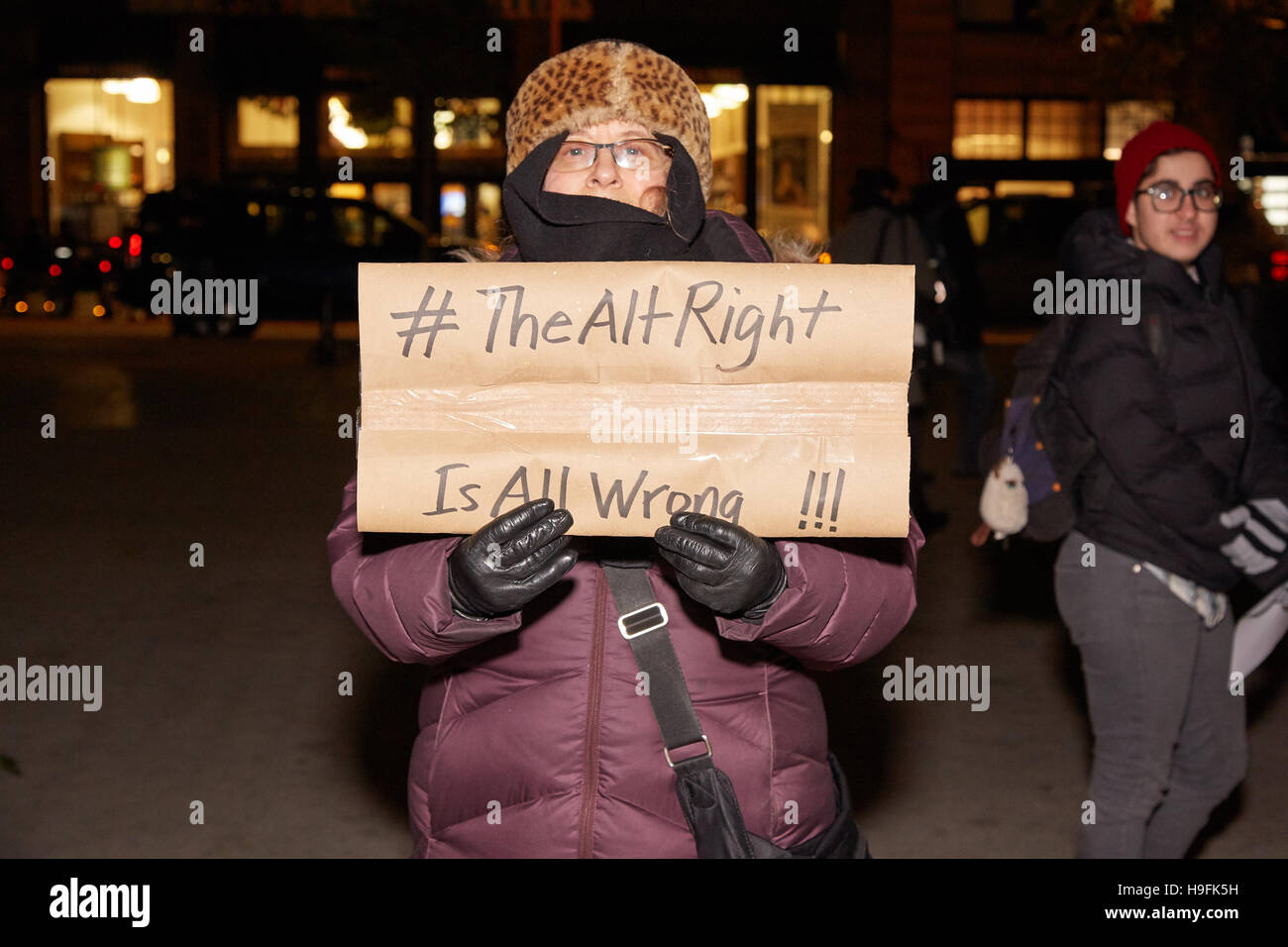 New York City, United States. 21st Nov, 2016. In Union Square, 15 protesters gathered to protest the appointment of Steve Bannon to office around 5:00PM. Marilyn Stern, who came out on this 39 degree night, wants Steve Bannon to know 'Don't believe the nice talk.' © Jake Sigal/Pacific Press/Alamy Live News Stock Photo