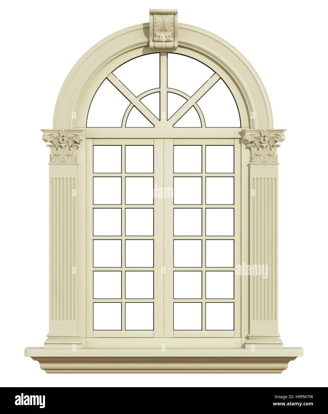 Classic arch window with Corinthian column isolated on white - 3d rendering Stock Photo