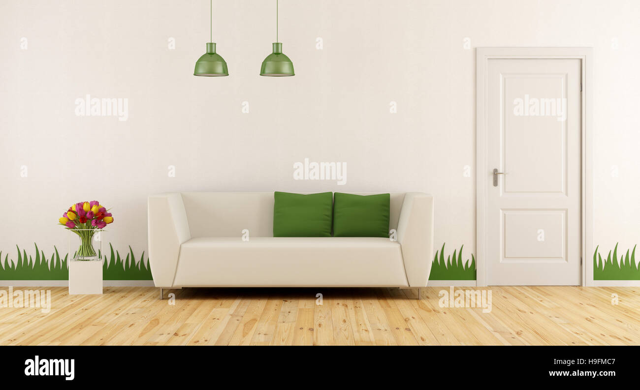 Freshly Living Room With Modern Sofa Closed Door And Grass Decoration Stock Photo Alamy